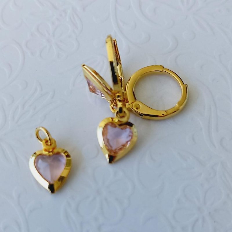 Brinco Tranqueta Coração e Pingente Zircônia Rosa