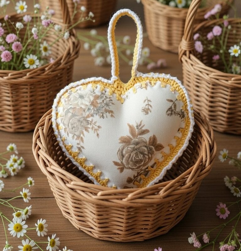 Coração Creme com Crochê Amarelo