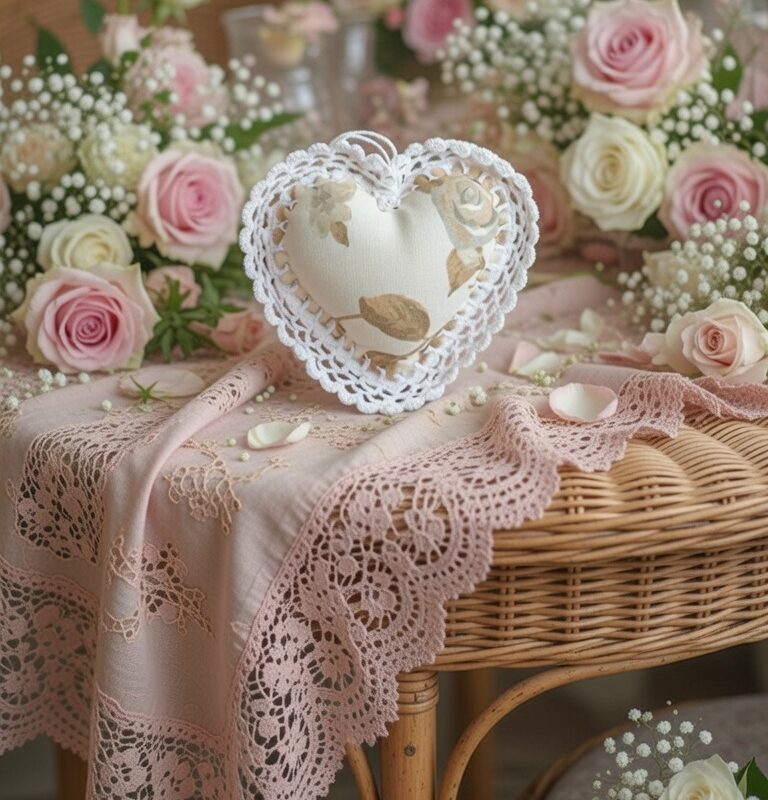 Coração Creme com Rosas Neutras e Crochê Branco